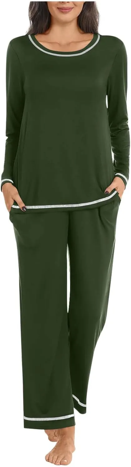 HGps8w Women's Ultra-Soft Pajamas Sets Pullover Casual Long Sleeve Sleepwear Matching Comfy Long Pants Loose Lounge Set