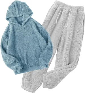 HGps8w Women's Winter Plush Pajamas Sets Ultra-Soft Fuzzy Fleece Long Sleeve Hoodies Sleepwear Comfy Long Pants Lounge Set