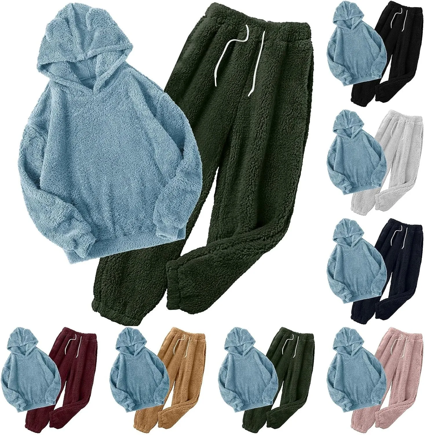 HGps8w Women's Winter Plush Pajamas Sets Ultra-Soft Fuzzy Fleece Long Sleeve Hoodies Sleepwear Comfy Long Pants Lounge Set