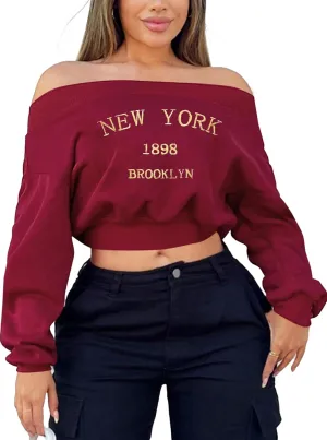 Hilinker Women's Graphic Off Shoulder Crop Sweatshirt Casual Loose Long Sleeve Pullover Tops