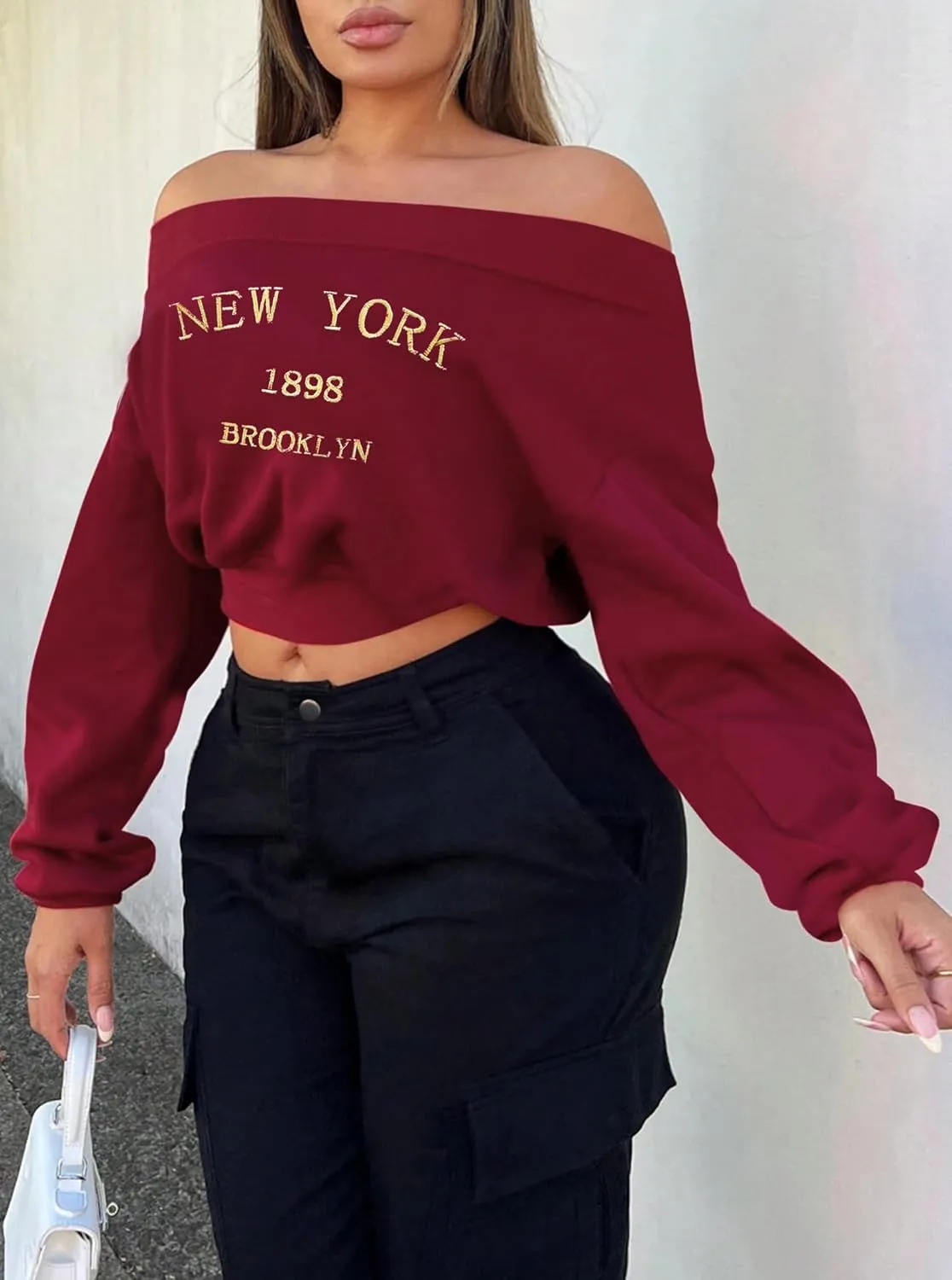 Hilinker Women's Graphic Off Shoulder Crop Sweatshirt Casual Loose Long Sleeve Pullover Tops