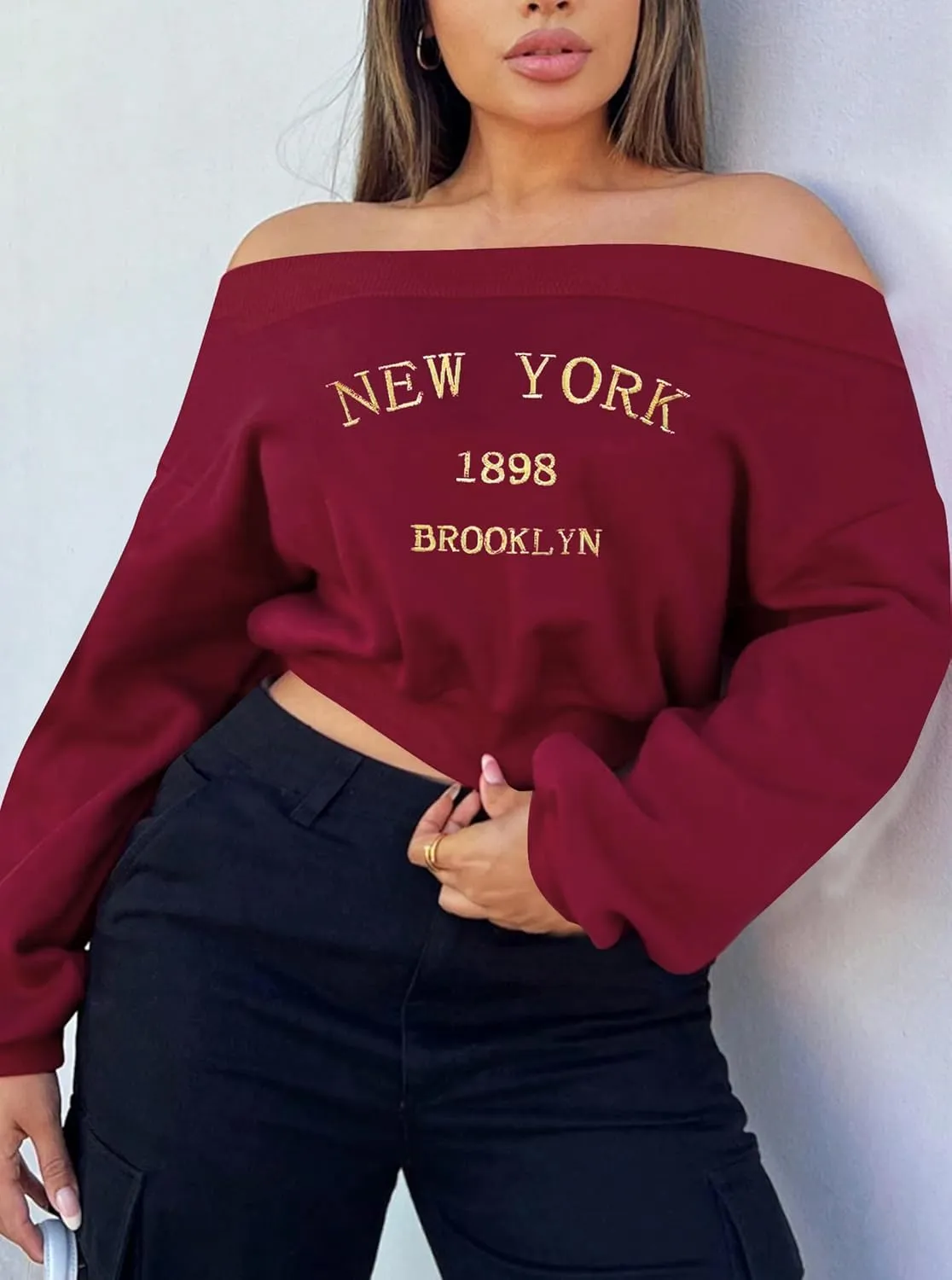 Hilinker Women's Graphic Off Shoulder Crop Sweatshirt Casual Loose Long Sleeve Pullover Tops