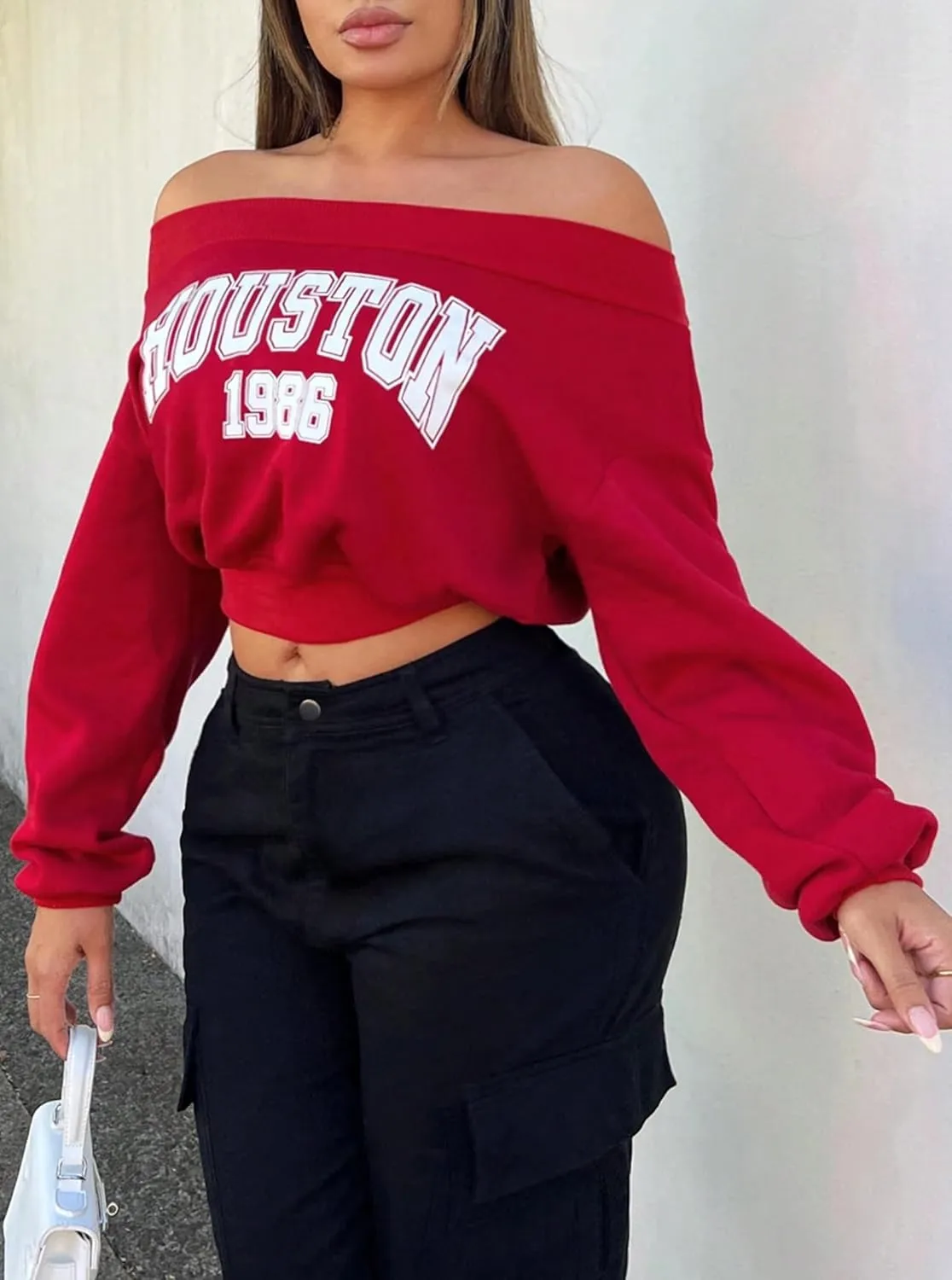 Hilinker Women's Graphic Off Shoulder Crop Sweatshirt Casual Loose Long Sleeve Pullover Tops