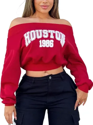 Hilinker Women's Graphic Off Shoulder Crop Sweatshirt Casual Loose Long Sleeve Pullover Tops