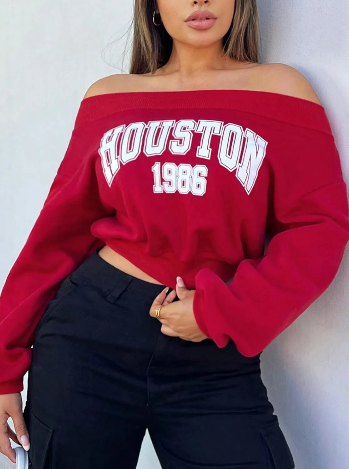 Hilinker Women's Graphic Off Shoulder Crop Sweatshirt Casual Loose Long Sleeve Pullover Tops