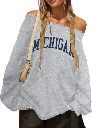 Hilinker Women's Graphic Off Shoulder Sweatshirt Casual Loose Long Sleeve Pullover Tops
