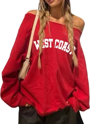 Hilinker Women's Graphic Off Shoulder Sweatshirt Casual Loose Long Sleeve Pullover Tops