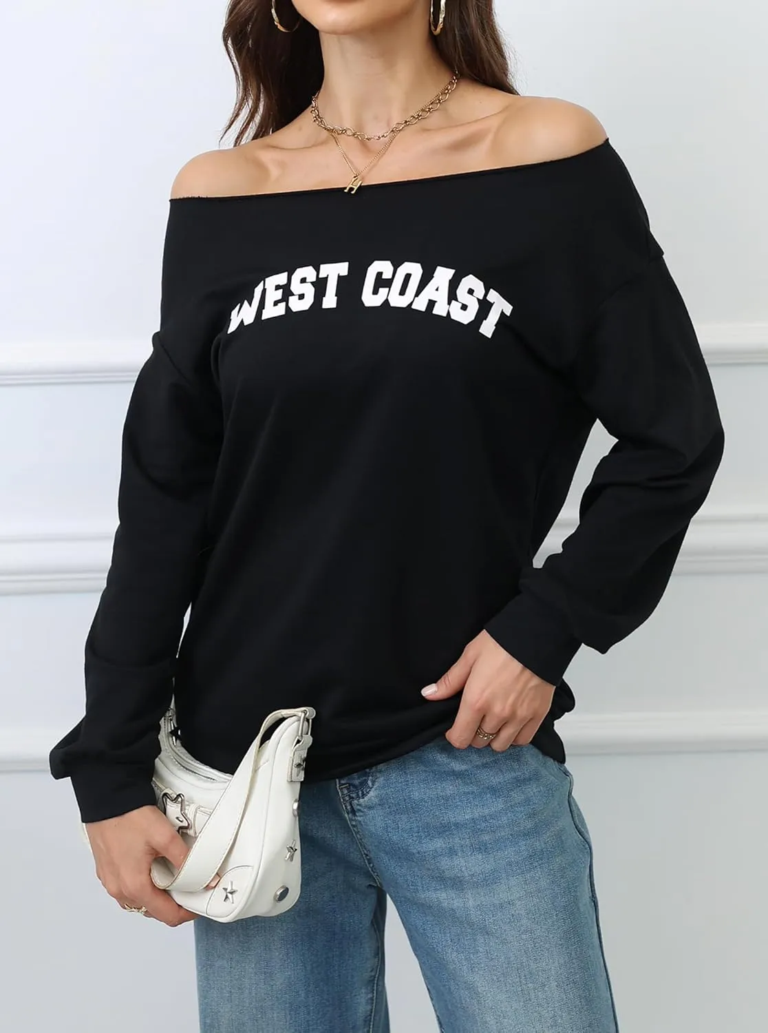 Hilinker Women's Graphic Off Shoulder Sweatshirt Casual Loose Long Sleeve Pullover Tops