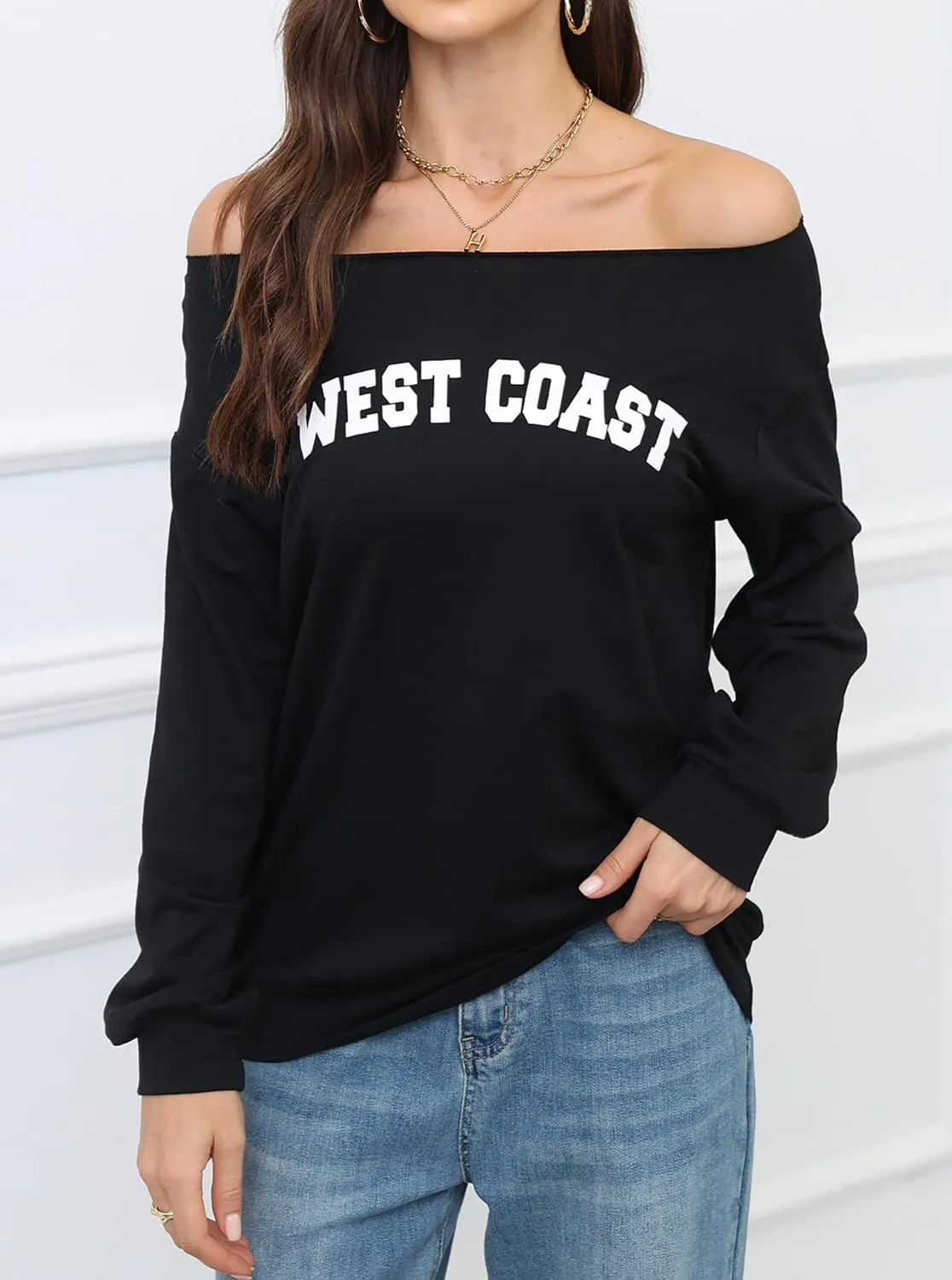 Hilinker Women's Graphic Off Shoulder Sweatshirt Casual Loose Long Sleeve Pullover Tops