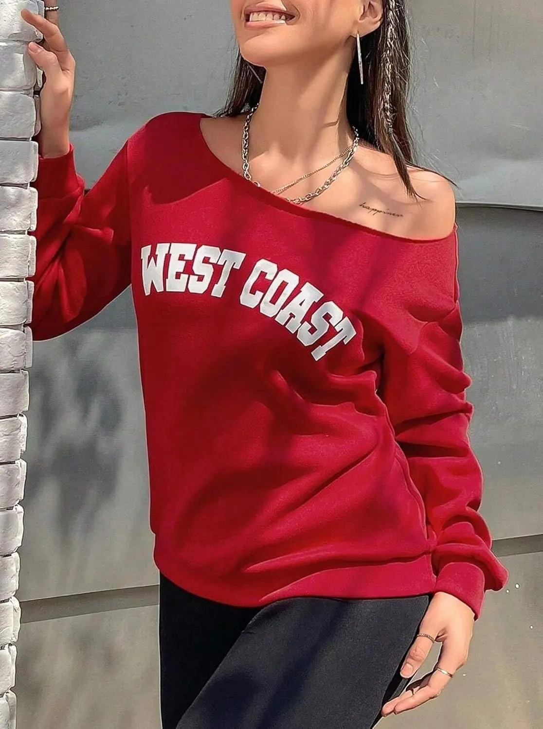 Hilinker Women's Graphic Off Shoulder Sweatshirt Casual Loose Long Sleeve Pullover Tops
