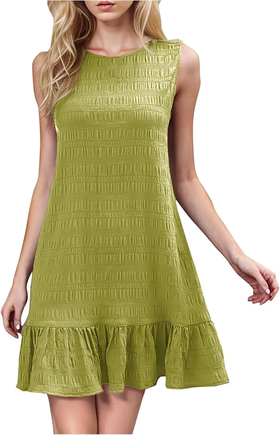 hlysgo Womens Summer Dresses 2025 Round Neck Sleeveless Sundresses Swimsuit Coverup Ruffle Hem Cute Mini Beach Dress