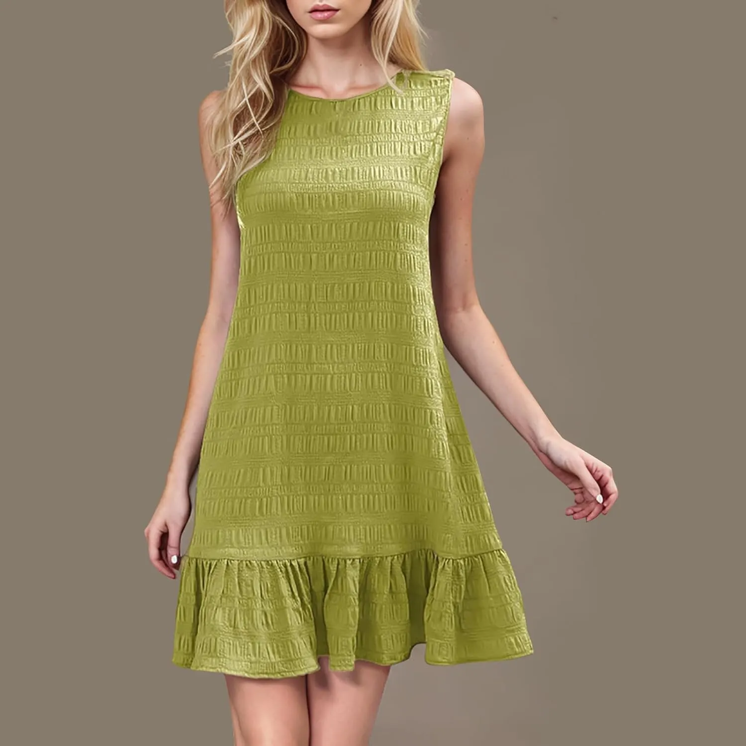 hlysgo Womens Summer Dresses 2025 Round Neck Sleeveless Sundresses Swimsuit Coverup Ruffle Hem Cute Mini Beach Dress