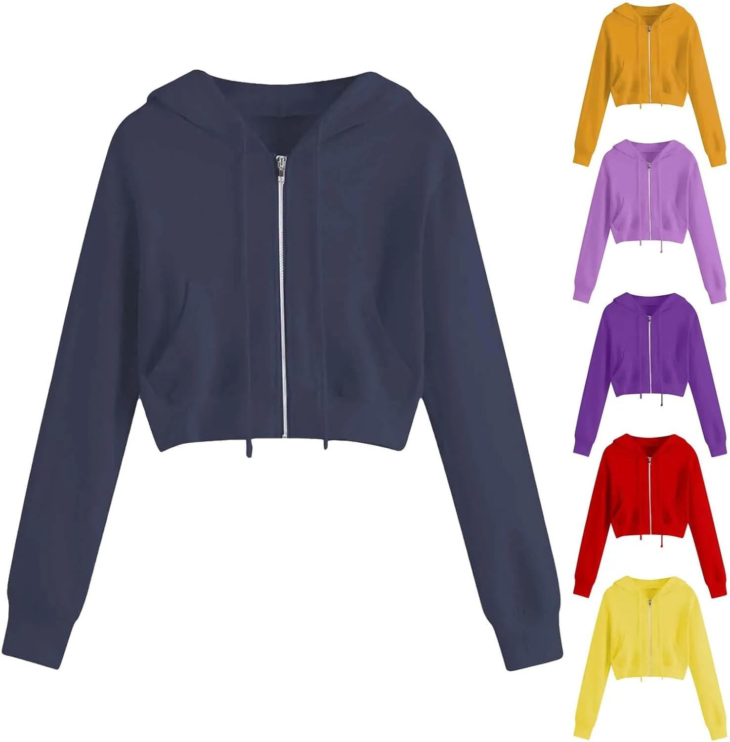 Hoodies for Women Solid Cropped Zip Up Hoodie Trendy Teen Girls Crop Top Jackets Casual Cute Cropped Hooded Jacket