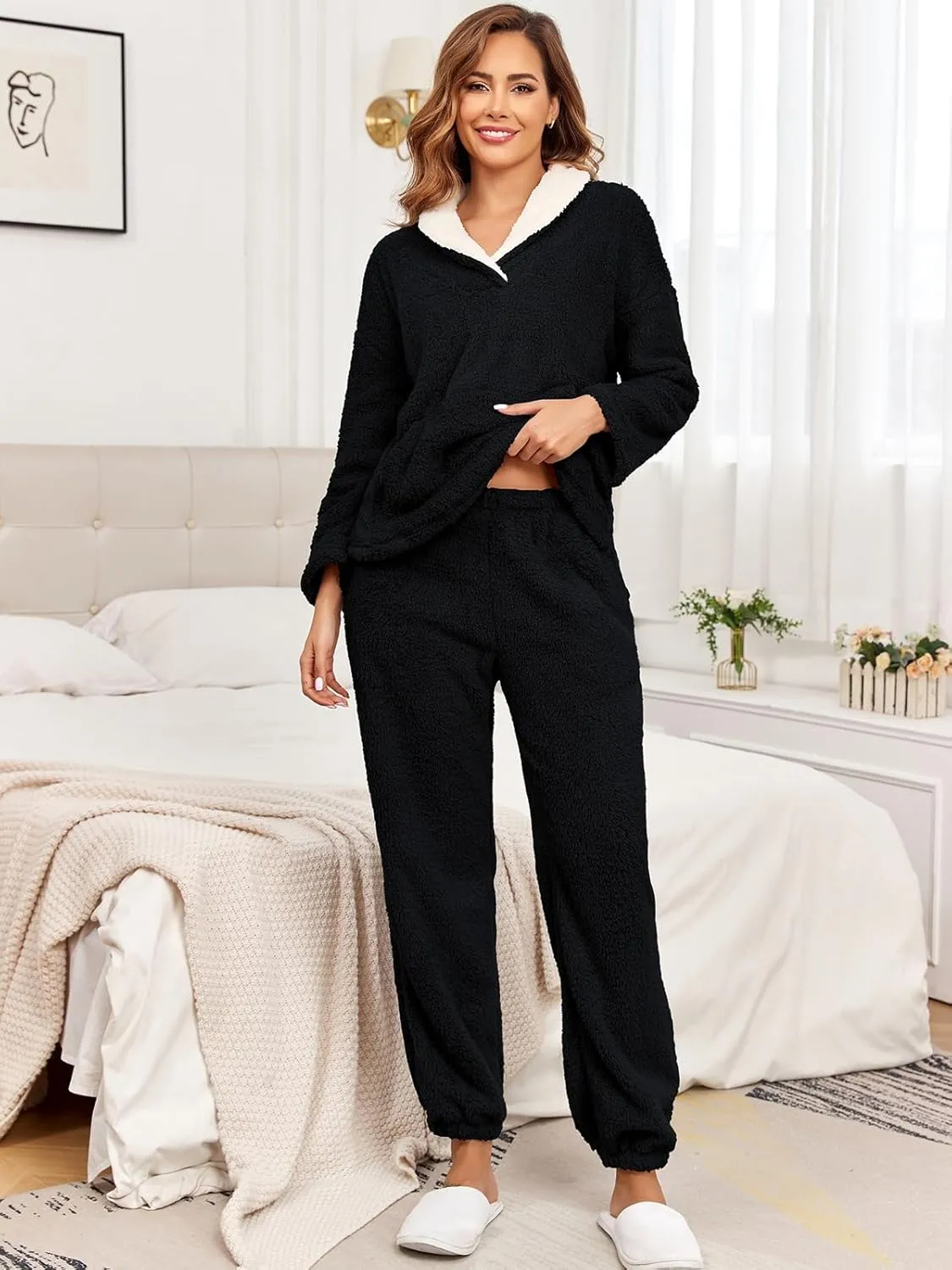 HOTIAN Women' s Fluffy Pajamas Set Fuzzy Fleece Pullover Pants Loungewear Sets Plush Pjs Sleepwear with Pockets
