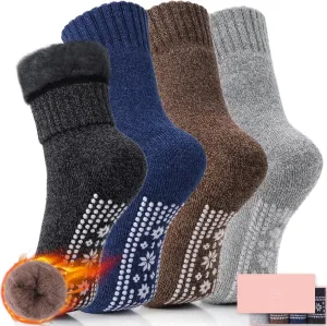 HUGSWEET Thermal Anti Slip Plush Slipper Grip Women Winter Soft Warm Cozy Socks 4 Pairs