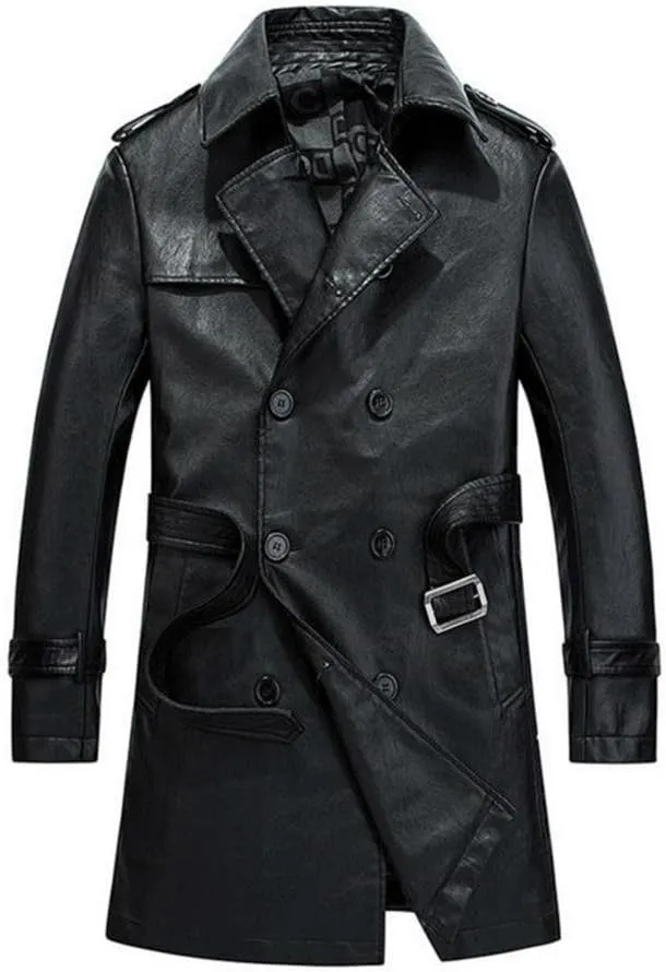 HZCX FASHION Men's Faux Leather Jacket PU Motorcycle Leather Belt Trench Coats