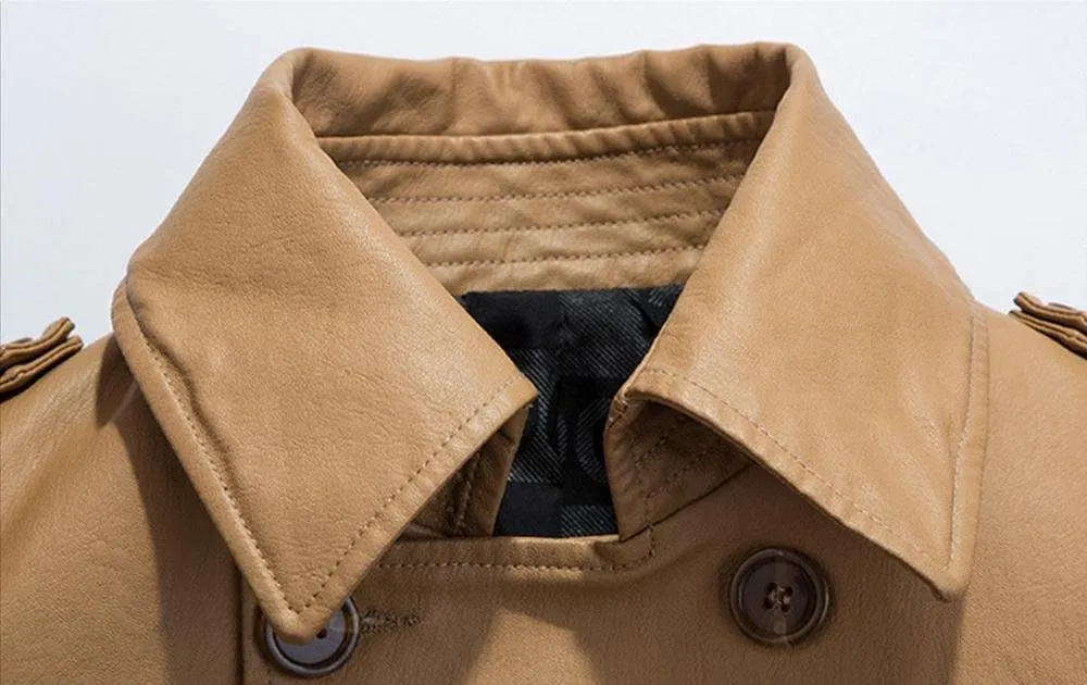 HZCX FASHION Men's Faux Leather Jacket PU Motorcycle Leather Belt Trench Coats