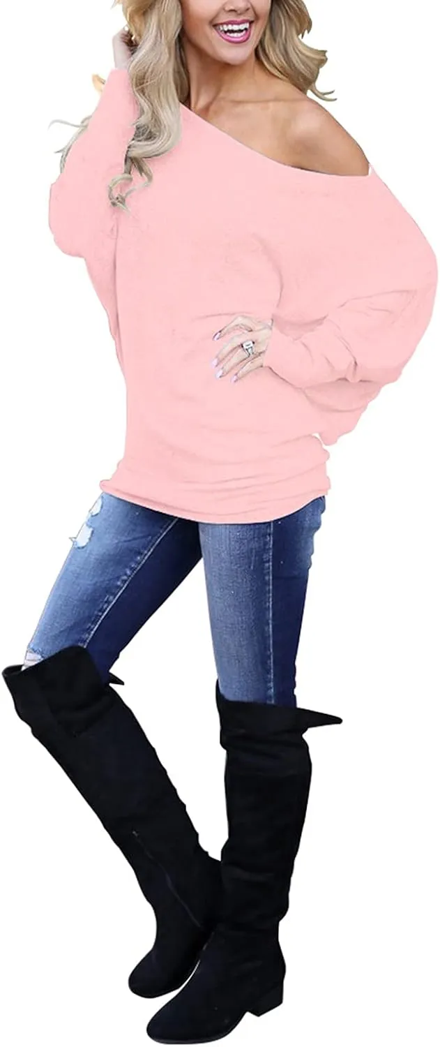 INFITTY Women's Off Shoulder Tops Casual Loose Batwing Sleeve Shirts Tunic Knit Oversized Pullover Sweater