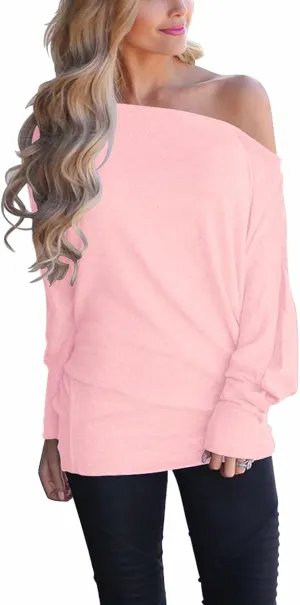 INFITTY Women's Off Shoulder Tops Casual Loose Batwing Sleeve Shirts Tunic Knit Oversized Pullover Sweater