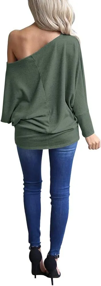 INFITTY Women's Off Shoulder Tops Casual Loose Batwing Sleeve Shirts Tunic Knit Oversized Pullover Sweater