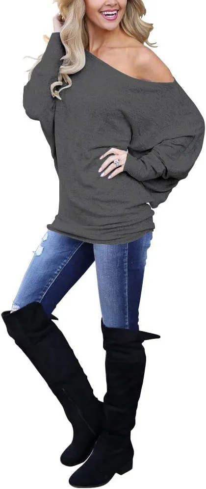 INFITTY Women's Off Shoulder Tops Casual Loose Batwing Sleeve Shirts Tunic Knit Oversized Pullover Sweater