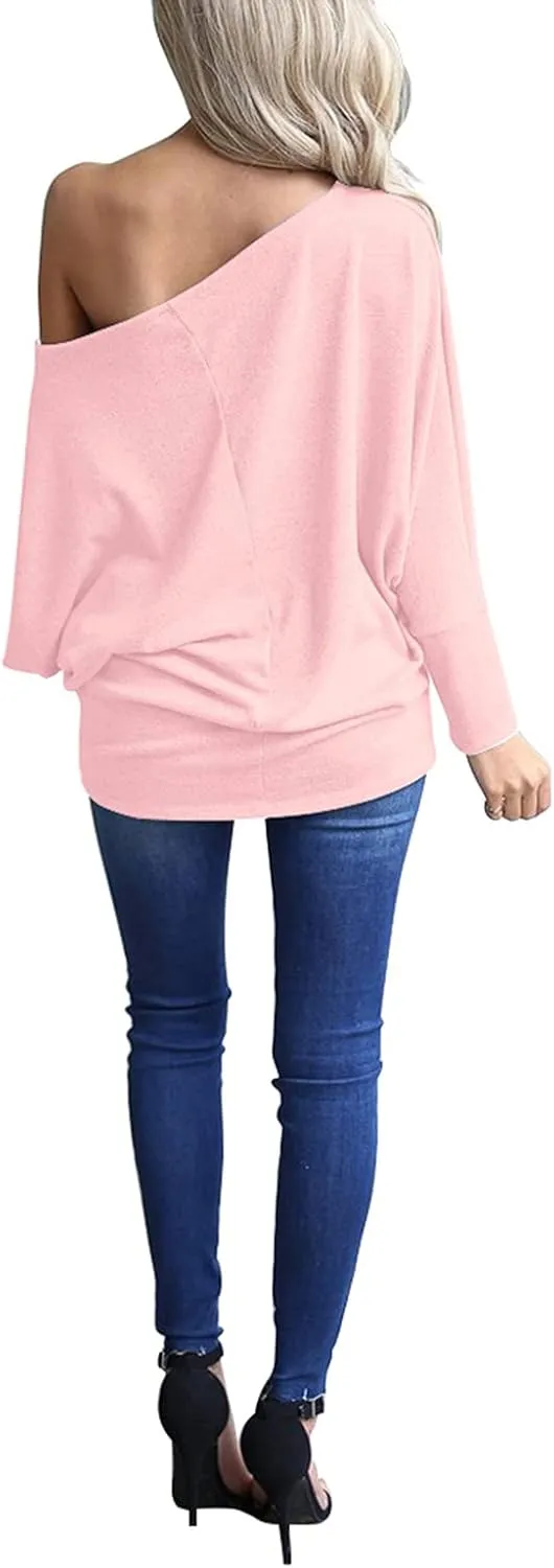 INFITTY Women's Off Shoulder Tops Casual Loose Batwing Sleeve Shirts Tunic Knit Oversized Pullover Sweater