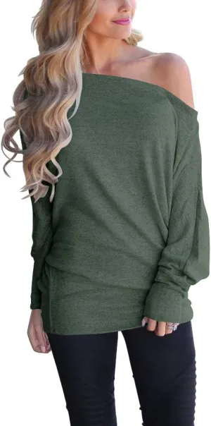 INFITTY Women's Off Shoulder Tops Casual Loose Batwing Sleeve Shirts Tunic Knit Oversized Pullover Sweater