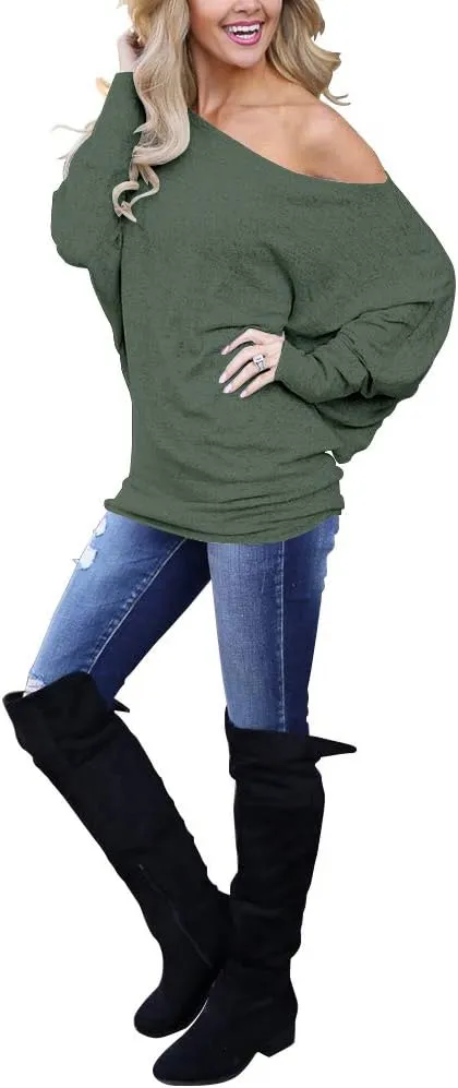 INFITTY Women's Off Shoulder Tops Casual Loose Batwing Sleeve Shirts Tunic Knit Oversized Pullover Sweater