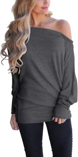 INFITTY Women's Off Shoulder Tops Casual Loose Batwing Sleeve Shirts Tunic Knit Oversized Pullover Sweater
