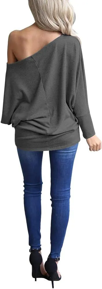 INFITTY Women's Off Shoulder Tops Casual Loose Batwing Sleeve Shirts Tunic Knit Oversized Pullover Sweater