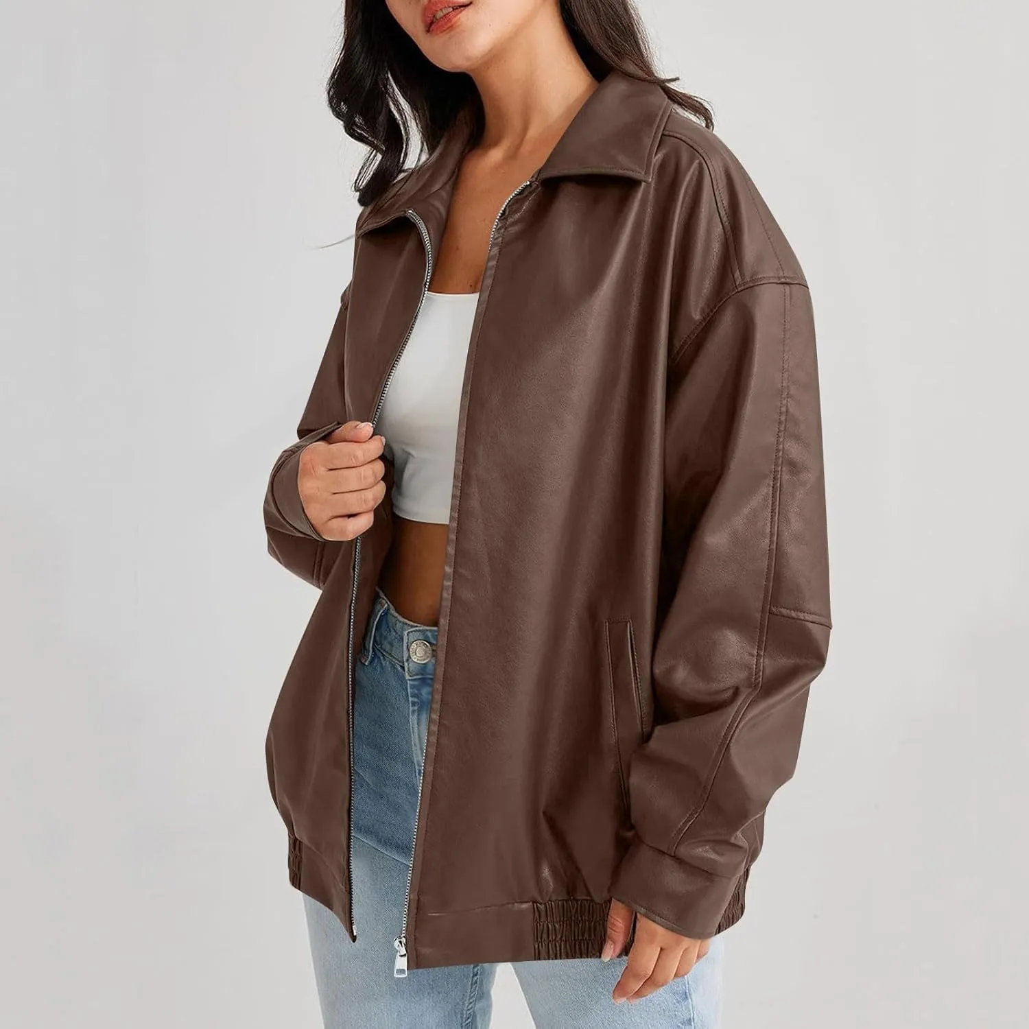 Jackets For Women Faux Leather Oversized Zipper Jackets Trendy Motocycle Casual Winter Coats With Pockets 2024 Clothes