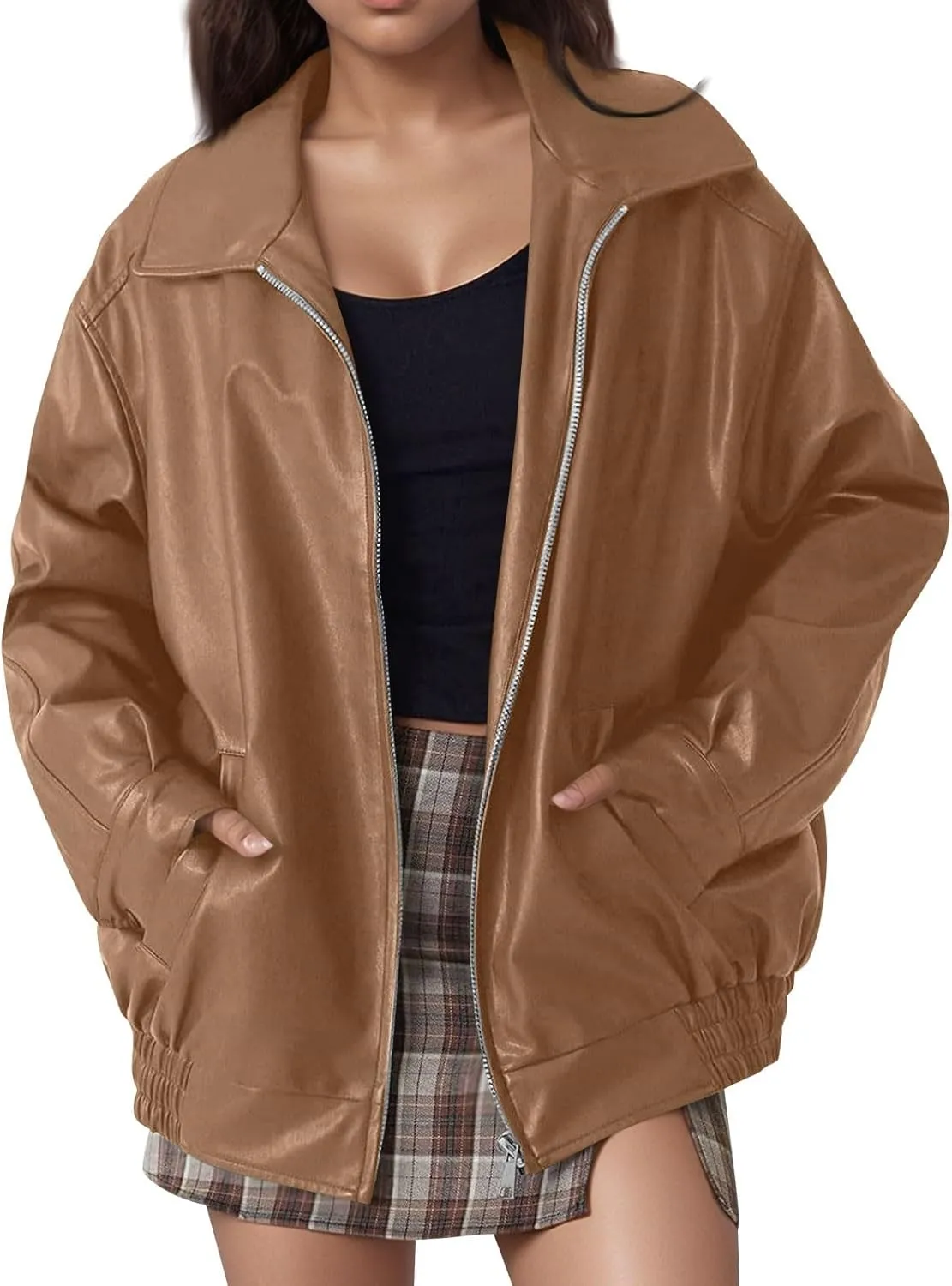 Jackets For Women Faux Leather Oversized Zipper Jackets Trendy Motocycle Casual Winter Coats With Pockets 2024 Clothes