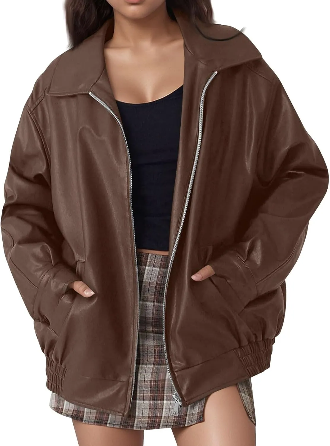 Jackets For Women Faux Leather Oversized Zipper Jackets Trendy Motocycle Casual Winter Coats With Pockets 2024 Clothes