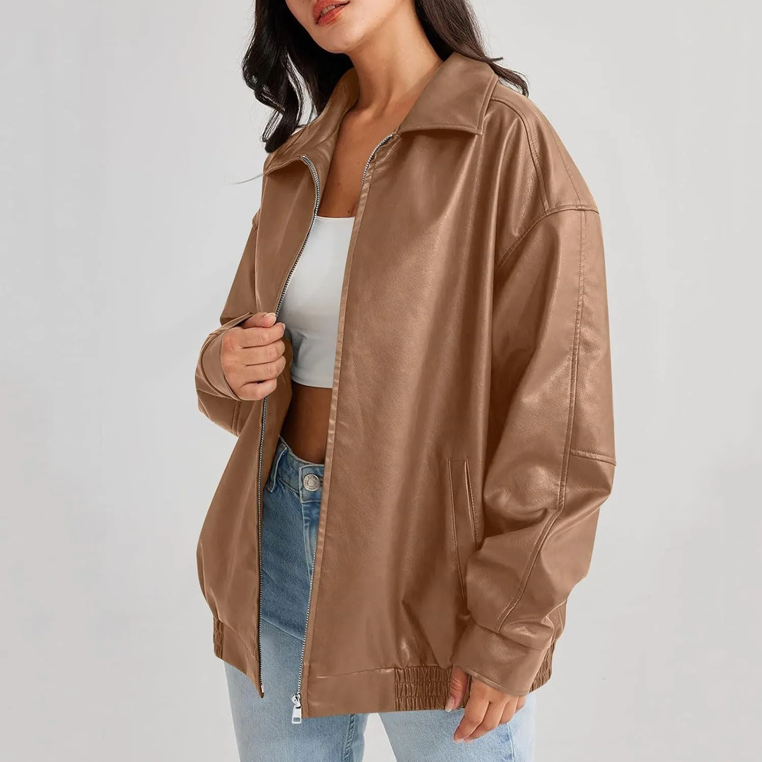 Jackets For Women Faux Leather Oversized Zipper Jackets Trendy Motocycle Casual Winter Coats With Pockets 2024 Clothes