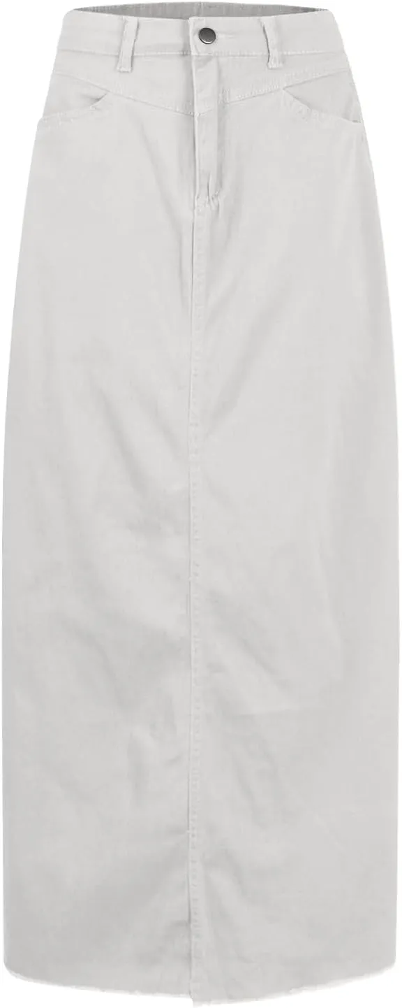 Jean Skirts for Women Denim Y2k High Waisted Maxi Skirts with Pockets Casual Vintage Frayed Hem Long Denim Skirts