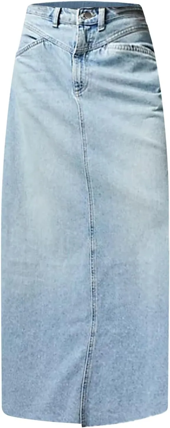 Jean Skirts for Women Denim Y2k High Waisted Maxi Skirts with Pockets Casual Vintage Frayed Hem Long Denim Skirts