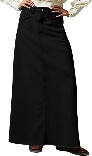Jean Skirts for Women Denim Y2k High Waisted Maxi Skirts with Pockets Casual Vintage Frayed Hem Long Denim Skirts