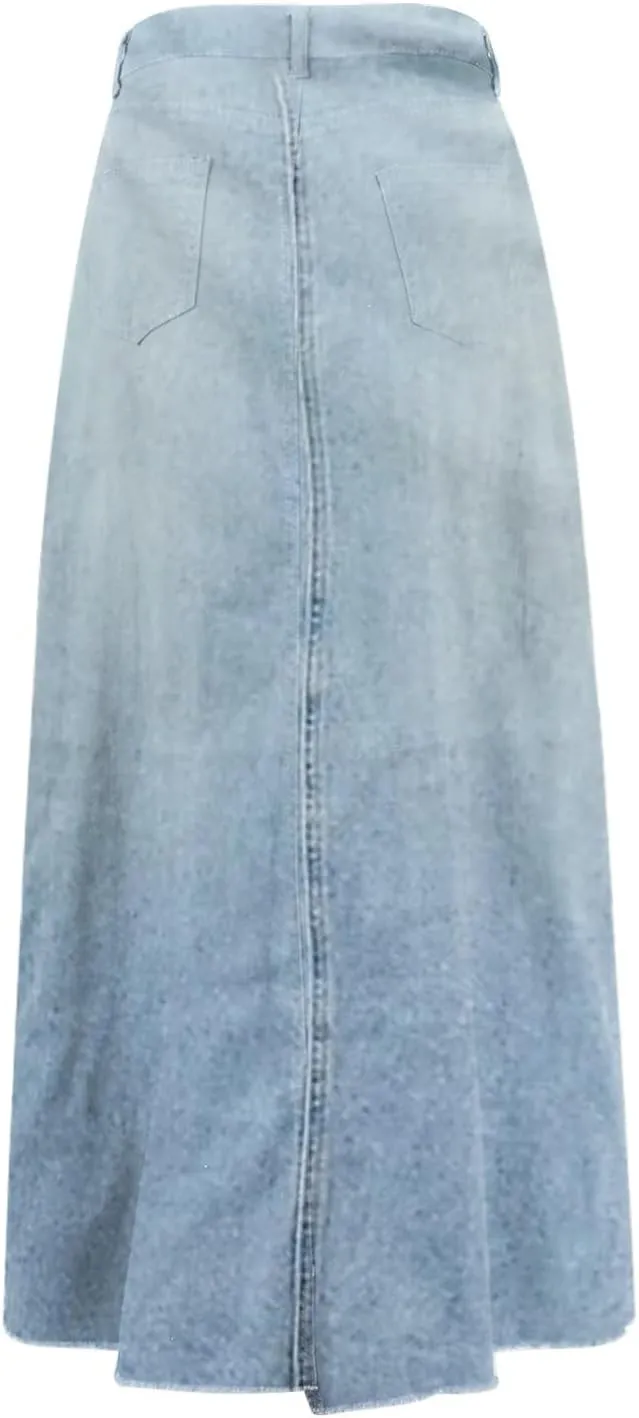 Jean Skirts for Women Denim Y2k High Waisted Maxi Skirts with Pockets Casual Vintage Frayed Hem Long Denim Skirts