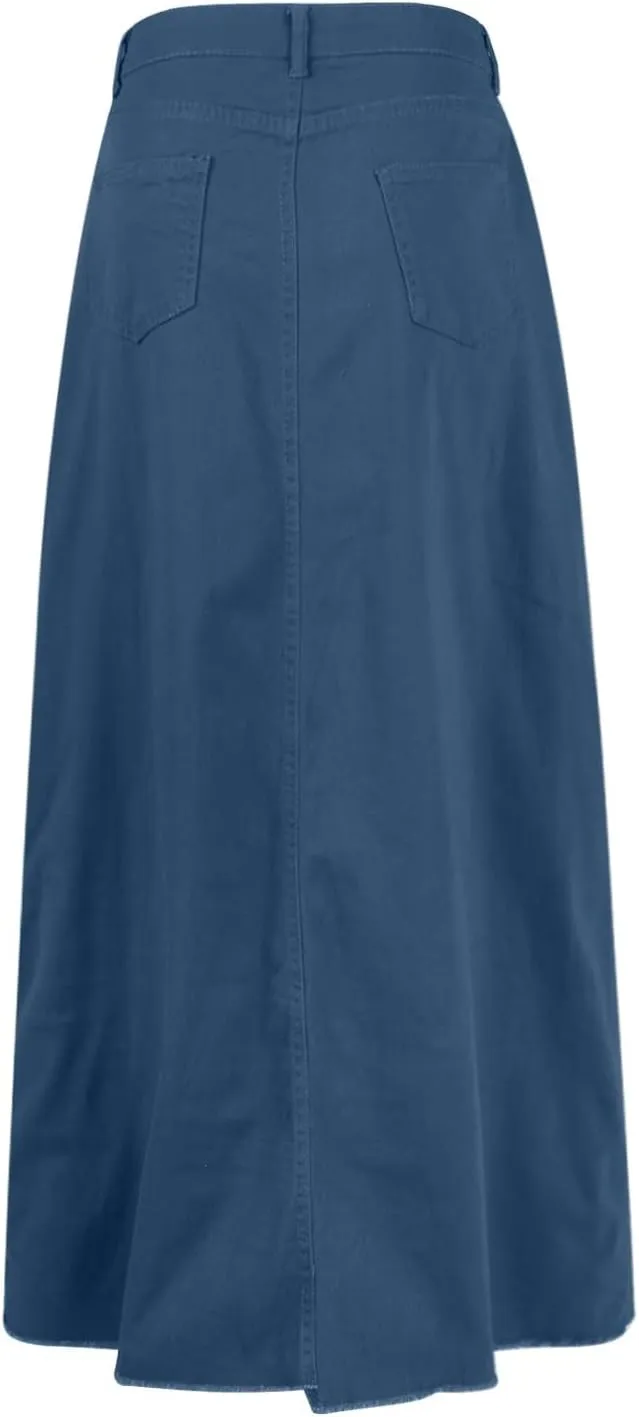Jean Skirts for Women Denim Y2k High Waisted Maxi Skirts with Pockets Casual Vintage Frayed Hem Long Denim Skirts