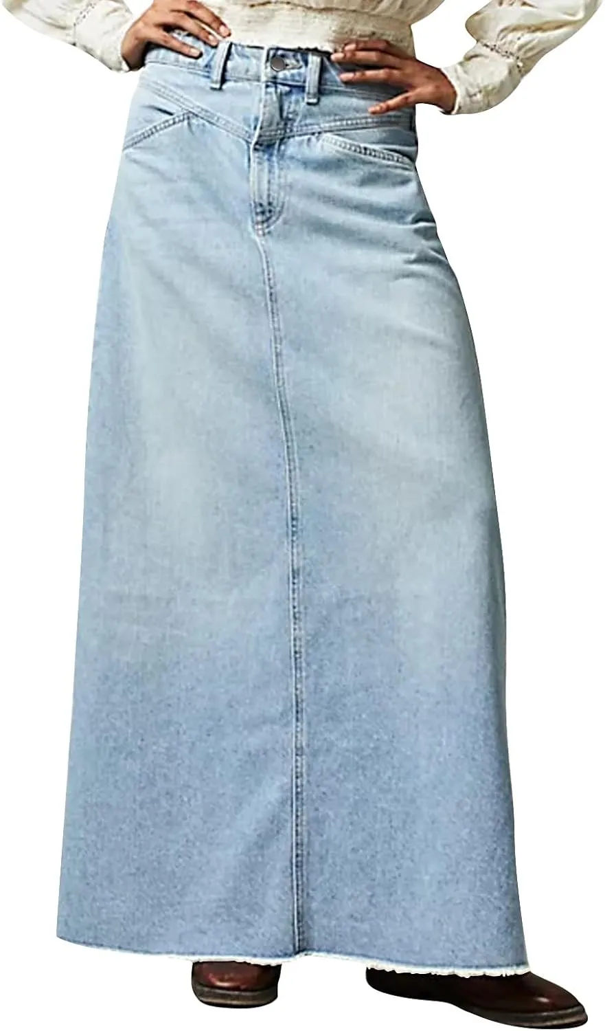 Jean Skirts for Women Denim Y2k High Waisted Maxi Skirts with Pockets Casual Vintage Frayed Hem Long Denim Skirts