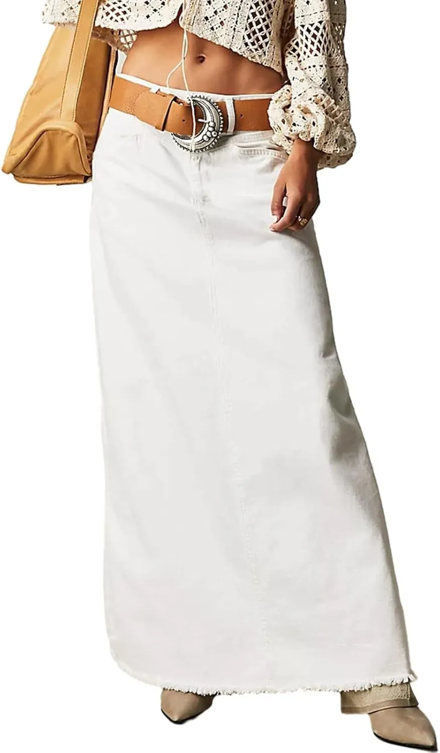 Jean Skirts for Women Denim Y2k High Waisted Maxi Skirts with Pockets Casual Vintage Frayed Hem Long Denim Skirts