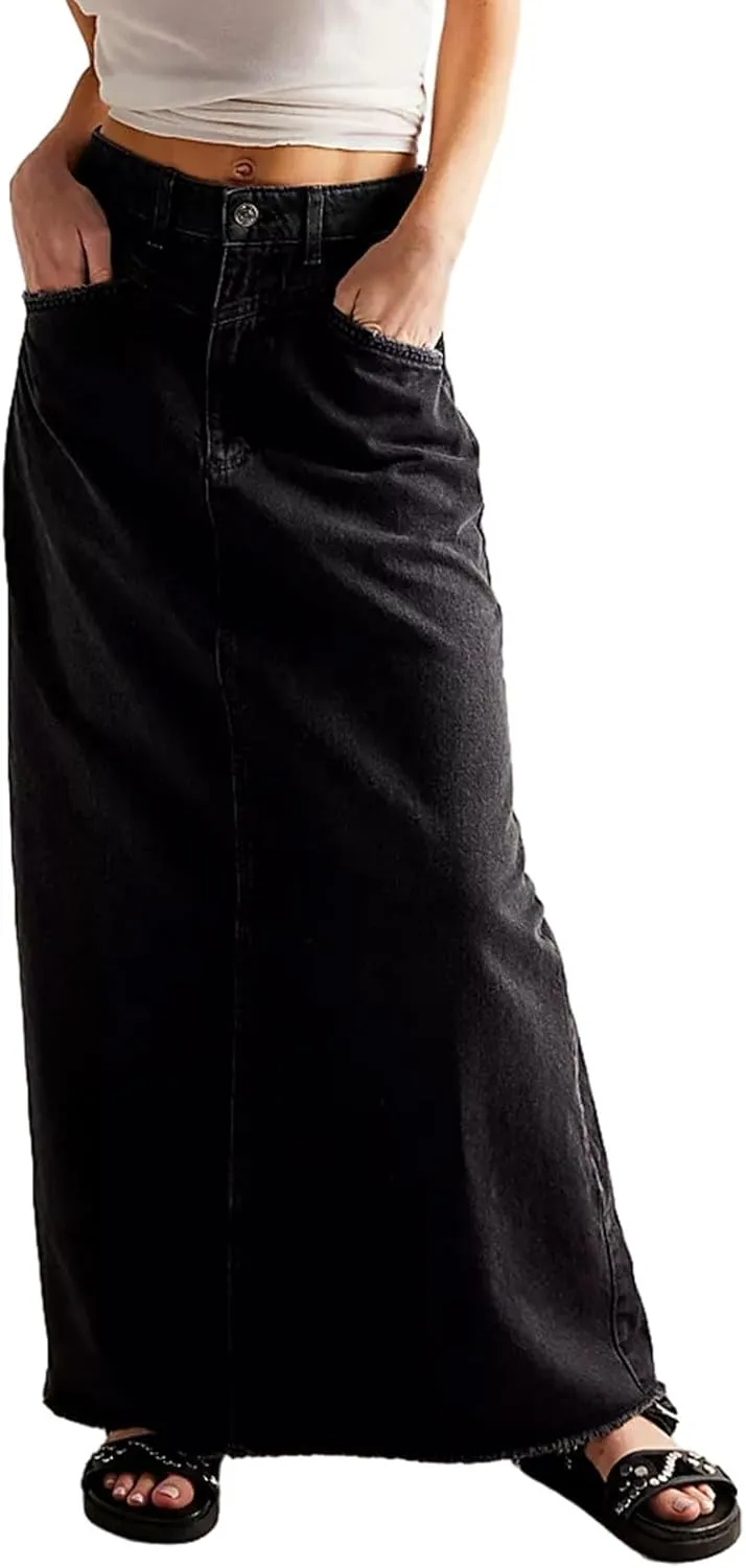 Jean Skirts for Women Denim Y2k High Waisted Maxi Skirts with Pockets Casual Vintage Frayed Hem Long Denim Skirts