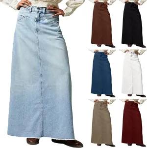 Jean Skirts for Women Denim Y2k High Waisted Maxi Skirts with Pockets Casual Vintage Frayed Hem Long Denim Skirts