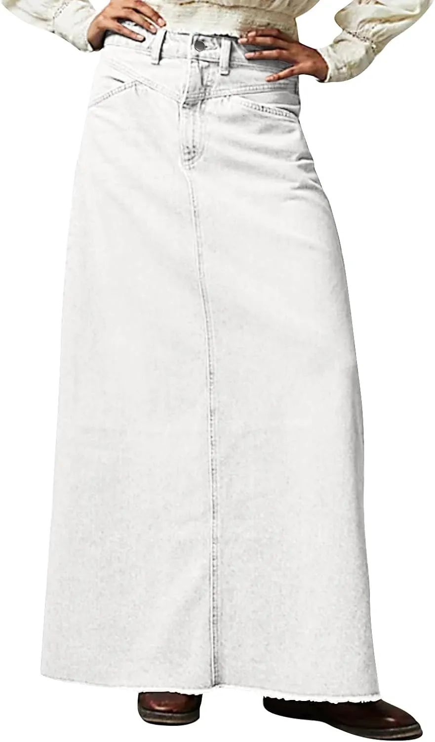 Jean Skirts for Women Denim Y2k High Waisted Maxi Skirts with Pockets Casual Vintage Frayed Hem Long Denim Skirts