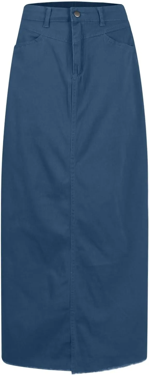 Jean Skirts for Women Denim Y2k High Waisted Maxi Skirts with Pockets Casual Vintage Frayed Hem Long Denim Skirts