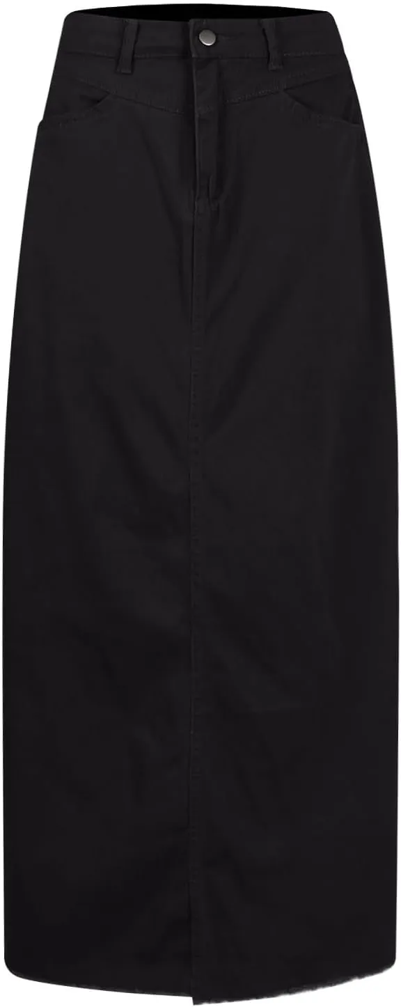 Jean Skirts for Women Denim Y2k High Waisted Maxi Skirts with Pockets Casual Vintage Frayed Hem Long Denim Skirts