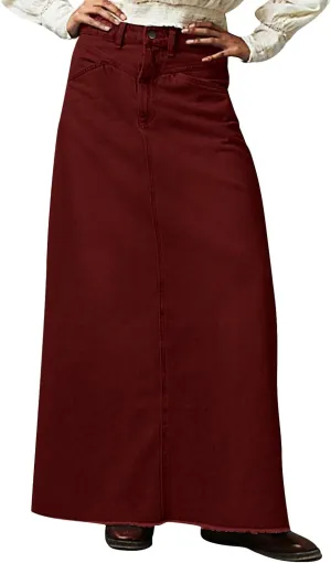 Jean Skirts for Women Frayed Hem Trendy Long Denim Skirt Vintage High Waisted Denim Maxi Skirts with Pockets