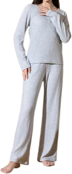JOAU Lounge Sets for Women Long Sleeve Crew Neck Button Top and Long Pants Ribbed Knit Pajama Set 2 Piece PJ Sets Outfits