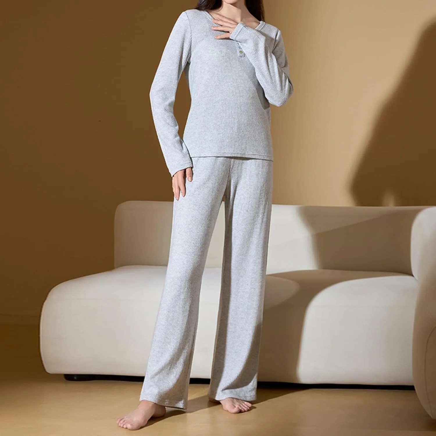 JOAU Lounge Sets for Women Long Sleeve Crew Neck Button Top and Long Pants Ribbed Knit Pajama Set 2 Piece PJ Sets Outfits