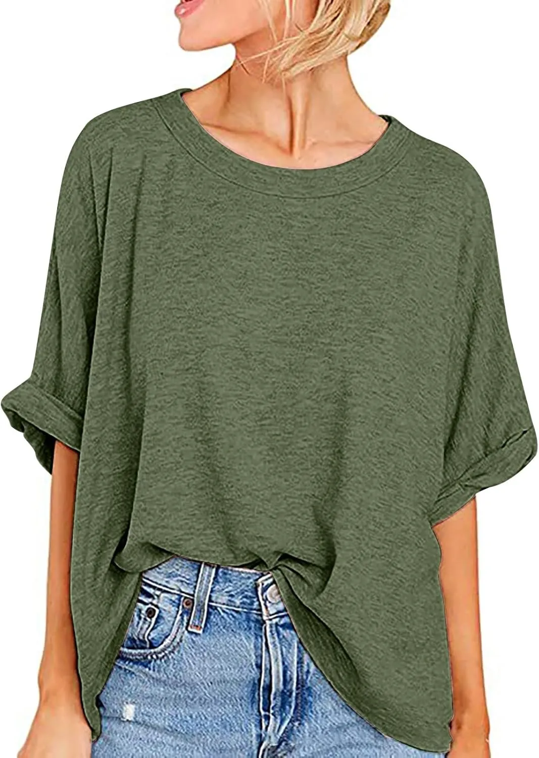 JOAU Women's Oversized T-Shirt Summer Casual Loose Fit Rolled Short Sleeve Round Neck Basic Tops Workout Gym Tee Shirts